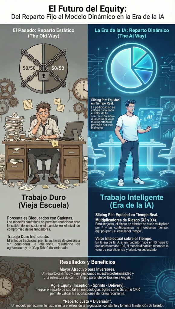 Composición dividida en dos mitades. A la izquierda, la del trabajo duro: una figura agotada frente al ordenador de madrugada, un reloj marcando horas acumuladas y un pacto de socios con porcentajes fijos. A la derecha, la del trabajo inteligente: una figura trabajando con asistencia de inteligencia artificial y un reparto de equity que cambia de tamaño según el valor aportado.