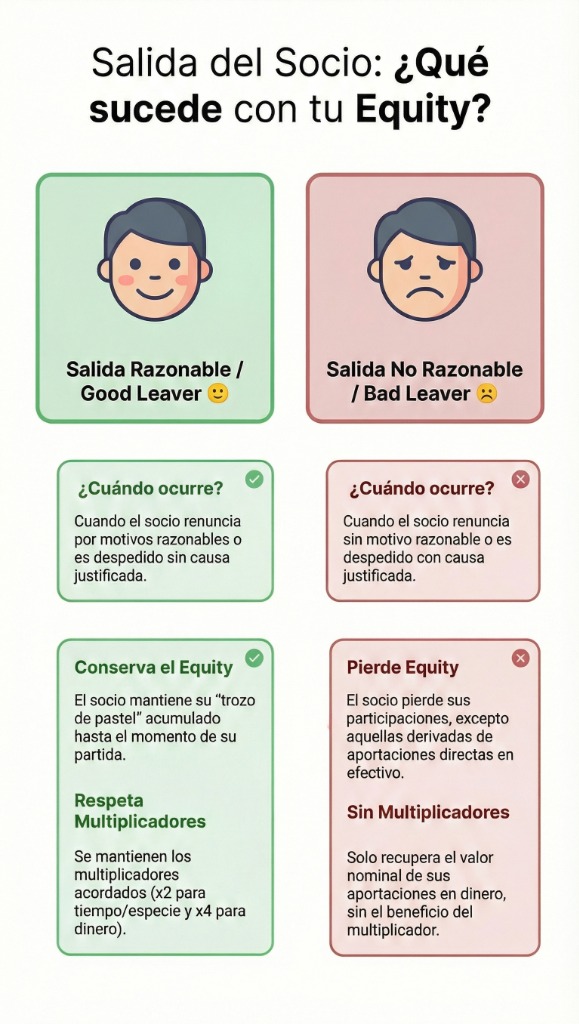 Diagrama de dos ramas que parten de la salida de un socio. La rama Good Leaver conserva las aportaciones acumuladas y los multiplicadores de riesgo intactos. La rama Bad Leaver pierde todo el equity no consolidado y elimina los multiplicadores, reduciendo la porción a una fracción de la original.
